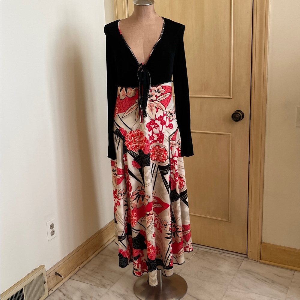 HAND JIVE Y2K Boho Grunge Slinky Floral V-Neck w/Tie Seam Edge Split Cuff Maxi S